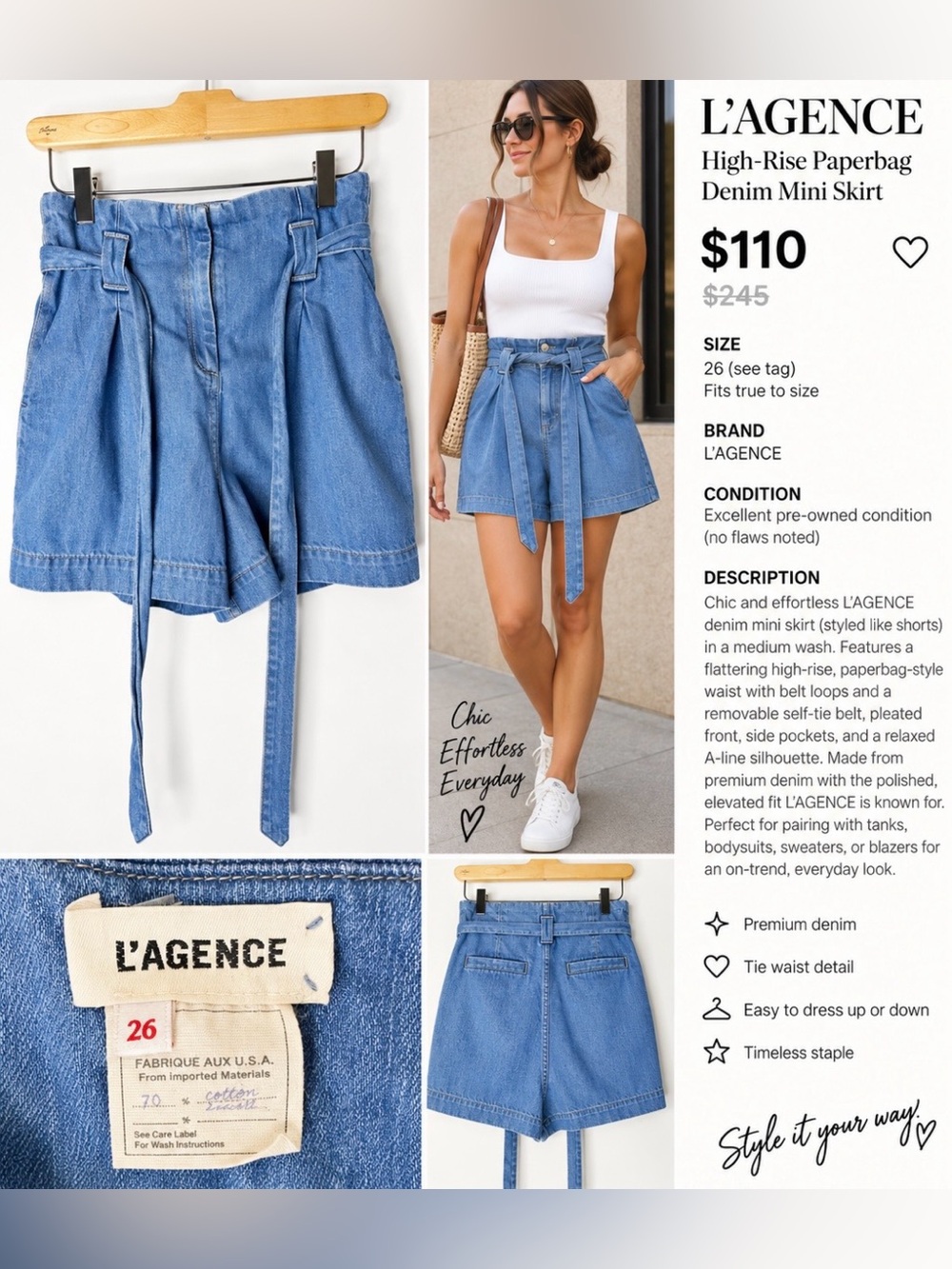L’Agence High-Rise Paperbag Denim Shorts with Self-Tie Belt - Blue Size 26